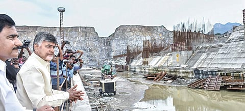 A file photo of Chief Minister N Chandrababu Naidu inspecting Polavaram project works in West Godavari district. | Express