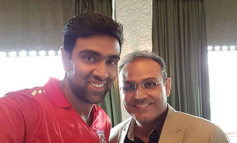 Kings XI Punjab captain Ravichandran Ashwin and mentor Virender Sehwag. (Twitter | Ashwin Ravichandran)