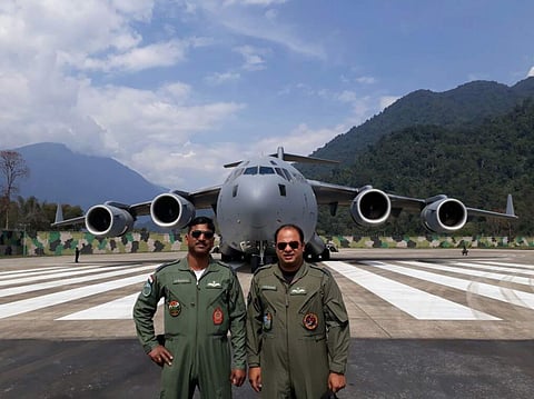 The Boeing-made C-17 Globemaster III of the Indian Air Force carried out a historic landing at Tuting advanced landing ground in Arunachal Pradesh. (Photo | Twitter/ANI)