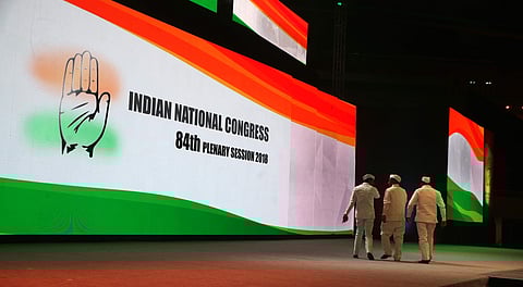 The Congress's plenary session began today, with senior party leaders giving final shape to draft resolutions to be adopted at the conclave. IN PIC: Members of the Congress Seva Dal before starting of the 84th Plenary Session of the Indian National Congress in New Delhi on Saturday. (Photo: EPS/ Shekhar Yadav)