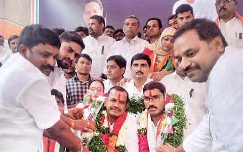 The disqualified Congress MLAs Komatireddy, Sampath Kumar along with others on a  48-hour hunger strike at Gandhi Bhavan in Hyderabad. (File | EPS)