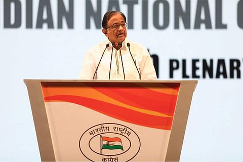 Former Finance Minister P Chidambaram at the Congress plenary in New Delhi on Sunday (Twitter@INCIndia)