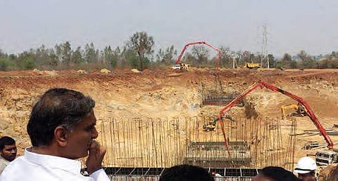 Irrigation Minister Harish Rao inspects Kaleshwaram Project canal work at Annaram on Saturday | Express