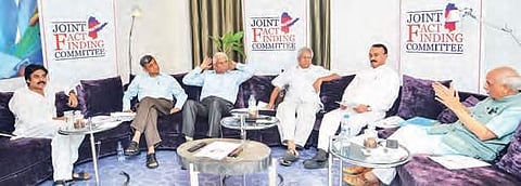 Jana Sena president Pawan Kalyan and other members of the Joint Fact-Finding Committee  at a meeting in Hyderabad on Thursday | Express