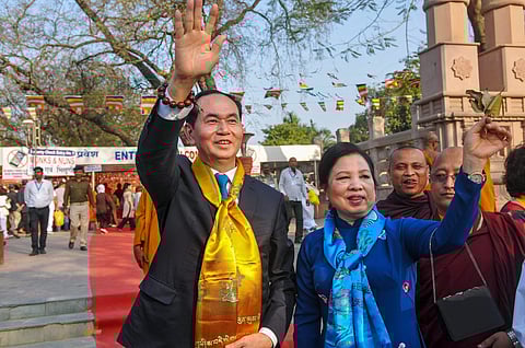 Vietnam President Tran Dai Quang with First Lady Nguyen Thi Hien arrive at Mahabodhi Temple Complex in Bodh Gaya on Friday. (Photo | PTI)