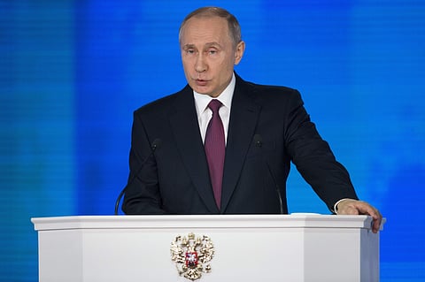 Russian President Vladimir Putin gives his annual state of the nation address in Manezh in Moscow. (Photo | AP)