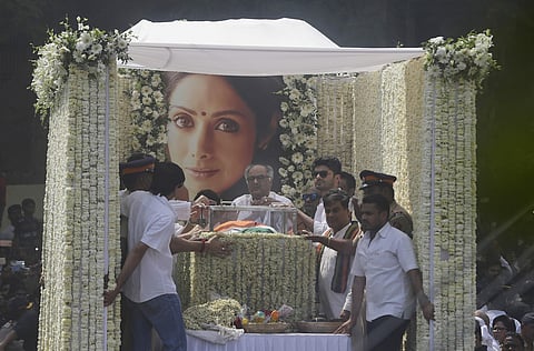 The body of actress Sridevi is carried in truck during her funeral. (Photo | AP)