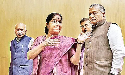 External Affairs Minister Sushma Swaraj and junior ministers VK Singh and MJ Akbar after the Press conference in New Delhi on Tuesday.  | Parveen Negi