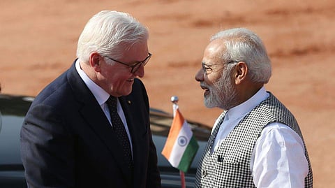 Prime Minister Narendra Modi greeting German President Frank-Walter Steinmeier on 24 March, 2018. (EPS | Shekhar Yadav)