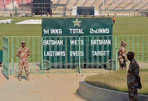 In this file photo taken on February 11, 2018 Pakistani rangers stands guard outside the National Stadium in Karachi, during the full dress rehearsal of security arrangements for the March 25 Pakistan Super League final. | AFP