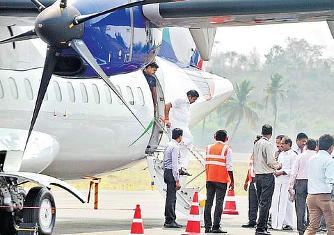Chief Minister Edappadi K Palaniswami disembarks from a True Jet plane that took him to Salem before flagging it off on its maiden flight to Chennai | Venugopal Sakthi
