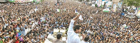YS Jaganmohan Reddy addressing a public meeting during his Praja Sankalpa Yatra at Sattenapally in Guntur district on Tuesday | Express