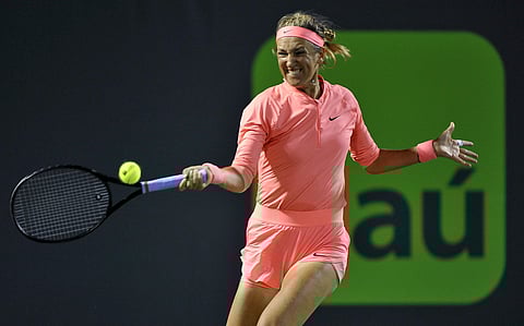 Victoria Azarenka hits a return to Karolina Pliskova during the Miami Open. | AP