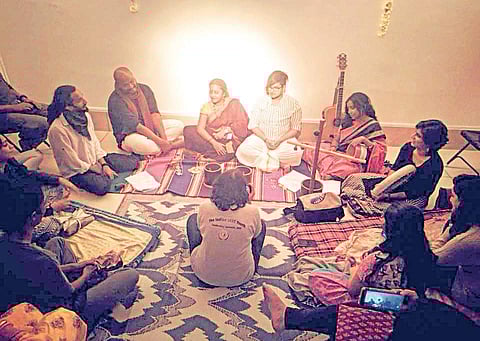 Shilpa Mudbi Kothakota (in maroon saree) with other performers at a performance of  Yellamma and Other Stories