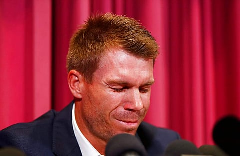 Former Australian cricket vice captain David Warner cries as he talks to the media in Sydney. (AP)