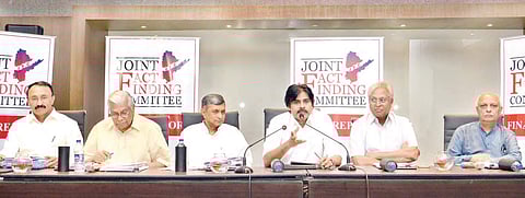 Jana Sena Party (JSP) president Pawan Kalyan addressing a press conference after releasing the Joint Fact-finding Committee (JFC)  report on Central funds to AP, in Hyderabad on Saturday | Express