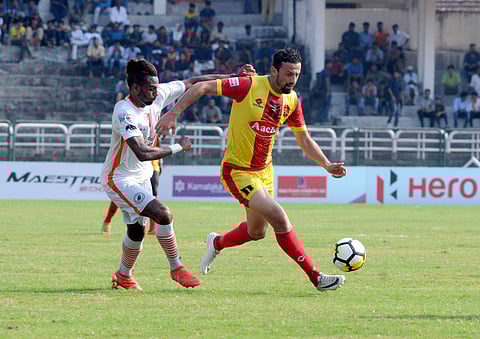 Gokulam Kerala FC's Khaled Alsaleh in action against Neroca FC in I-League at the EMS Corporation Stadium. (EPS | A Sanesh)