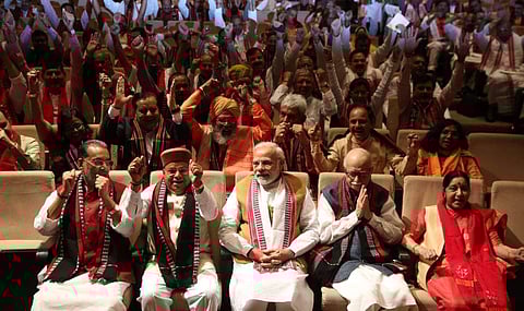Prime minister Narendra Modi, along with BJP senior leader LK Advani, Foreign Minister Sushma Swaraj and other leaders at party's parliamentary meeting in New Delhi on Tuesday. | (Shekhar Yadav | EPS)