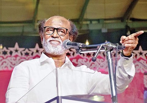 Rajinikanth addresses a gathering after unveiling the statue of former CM MGR at the Dr MGR Education and Research Institute on Monday (EPS| U Rakesh Kumar)