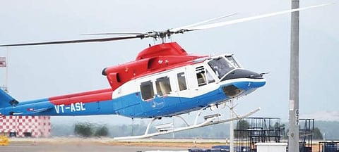 (Image used for representational purpose only) A helicopter taking off during the launch of the HeliTaxi service from Kempegowda International Airport in Bengaluru (File Photo | EPS/Nagaraja Gadekal)