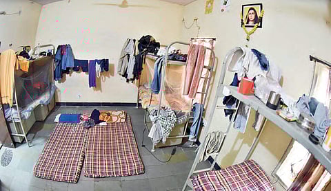 TISS students live in abysmal condition in a single hostel room with bunk beds lined on two sides of the room. |(Vinay Madapu | EPS)