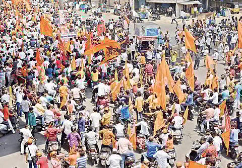 A large number of people participate in a bike rally organised by the Bajrang Dal on the occasion of Hanuman Jayanti, in Hyderabad on Sunday | Vinay Madapu