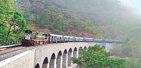 The Tambaram-Kollam special train traversing the iconic 13-Arch Bridge in Kerala  on Saturday | Express