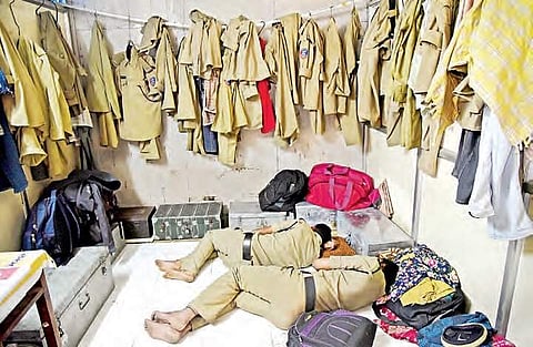 Fire department personnel sleeping in a small congested room in the fire station located on the State Assembly premises | R.Satish Babu