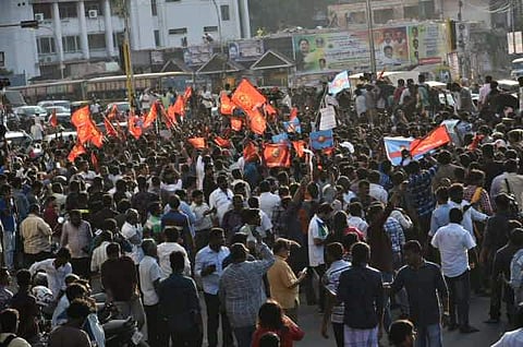 Members of different organisations protest against IPL in connection with Cauvery management board, on Tuesday in Chennai. (EPS | P Jawahar)