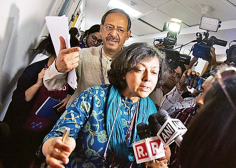 CBSE chief Anita Karwal along with Anil Swarup, Secretary, HRD Ministry, leave after a Press conference. (File | EPS)