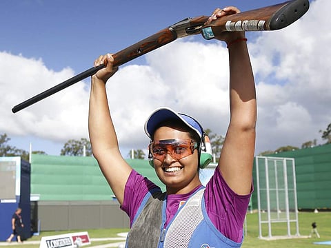 Shreyasi Singh of India reacts after winning the gold medal during the women's Double Trap final at the Belmont Shooting Centre. (AP)