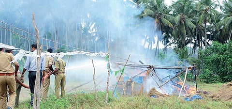 The shed of the Keezhattur agitation under fire, allegedly set ablaze by CPM workers | FILE PIC