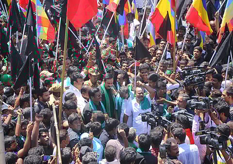 Members of Pattali Makkal Ktchi led by its youth wing leaders Anbumani Ramdoss staging a demonstration at Egmore Railway Station demanding the Centre to form CMB on Wednesday. | EPS