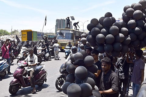 Protesters carrying black flags and black balloons at Saidapet against PM Narendra Modi's visit to Chennai. (Express Photo | Martin Louis)