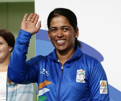 Tejaswini Sawant of India waves after winning the silver medal during the women's 50m Rifle Prone final | AP