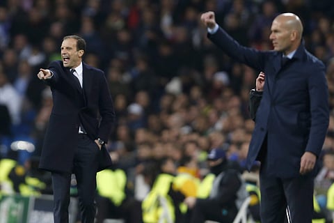 Juventus coach Massimiliano Allegri (L) and Real Madrid coach Zinedine Zidane during their Champions League quarter final second leg | AP