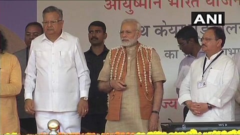 Prime Minister Narendra Modi launches India's first wellness centre under Ayushmaan Bharat and lays foundation stones of various projects in Bijapur. (ANI)