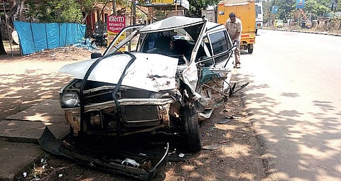 The car carrying Gopinathan Pillai, which met with an accident at Vayalar on NH 66 near Cherthala | Express