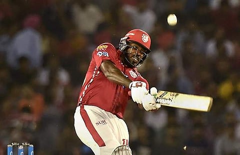 Chris Gayle plays a shot against CSK at Mohali (PTI)