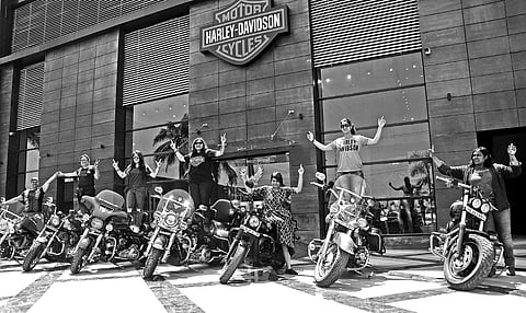 Members of Ladies of Harley with their bikes in Bhubaneswar on Sunday | Biswanath Swain