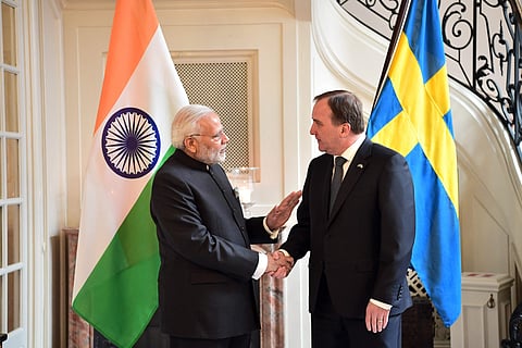 Prime Minister Narendra Modi meets with Swedish Prime Minister Stefan Lofven, at the Rosenbad government headquarters in Stockholm | AP