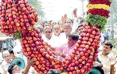 Chief Minister Siddaramaiah’s supporters offer a garland of apples and flowers at Hootagalli in Chamundeshwari constituency in Mysuru on Sunday | udayshankar S