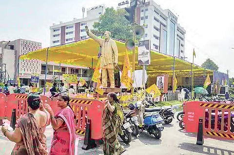 Deeksha tent led to closure of road near Ramesh Hospital in Guntur on Friday | Express