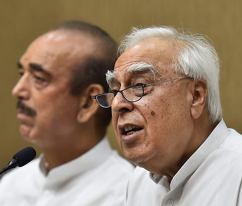 Congress leader Kapil Sibal addresses a press conference after opposition parties submitted a notice to the Vice President and Rajya Sabha Chairperson Venkaiah Naidu to initiate impeachment proceedings against Chief Justice of India Dipak Misra in New Del