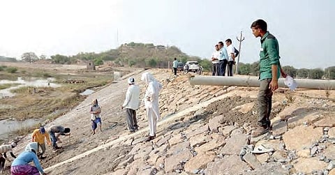 Renovation work under progress at Raghunath Tank, in Nizamabad on Friday | EXPRESS
