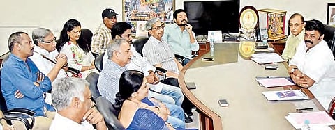 Cinematography Minister Talasani Srinivas Yadav holding a meeting with representatives of Telugu film industry at the Secretariat in Hyderabad on Saturday. | Express Photo