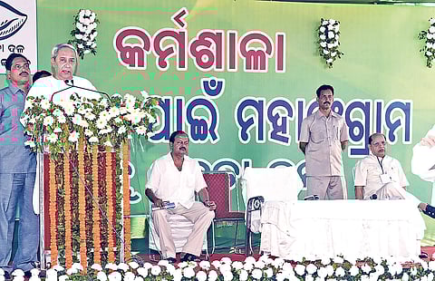 Chief Minister Naveen Patnaik addressing a workshop on Mahanadi issue at BJD party office in Bhubaneswar on Sunday | Express