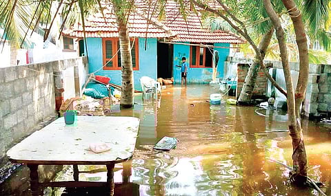 A house, which was flooded by seawater, in Thengapattanam in Kanniyakumari district on Sunday | Express