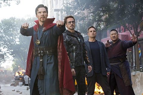 This image released by Marvel Studios shows, from left, Benedict Cumberbatch, Robert Downey Jr., Mark Ruffalo and Benedict Wong in a scene from 'Avengers: Infinity War.' (Marvel Studios via AP)