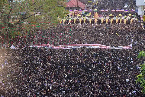 Traditional pomp and glory and the whopping participation of festival buffs including foreigners marked the conclusion of yet another edition of Kerala's Thrissur Pooram, considered as the mother of all temple festivals, here today. (Express Photo | Albin